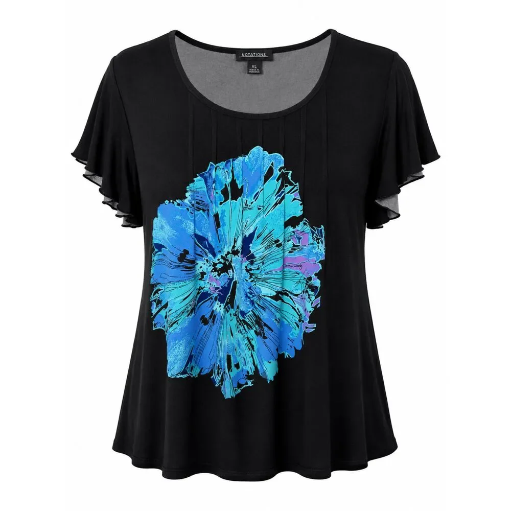 Notations Black Floral Graphic Flutter Sleeve Top Women's XL - Picture 4 of 4